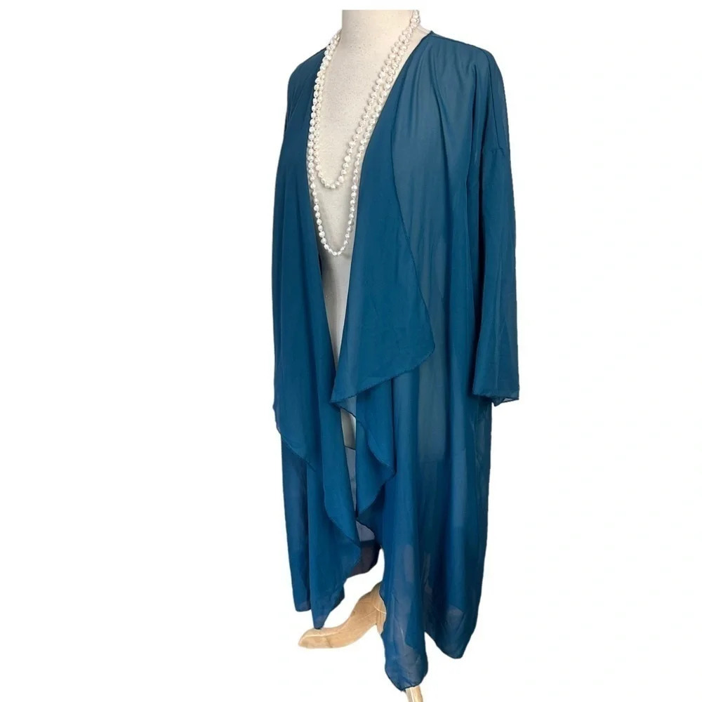 LuLaRoe Shirley Kimono Cardigan Large‎ Teal Blue Sheer Waterfall Drape Duster